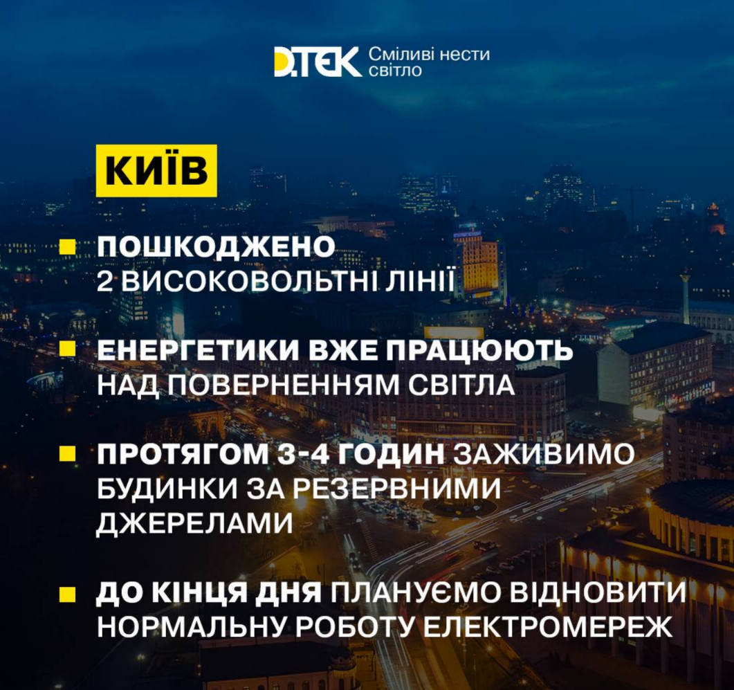 Відключення світла у Києві: у ДТЕК повідомили, коли відновлять електрику