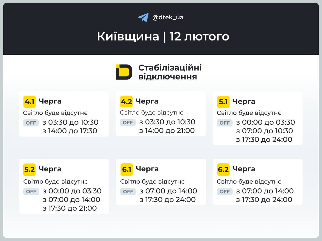 На Київщині 12 лютого діють стабілізаційні відключення світла