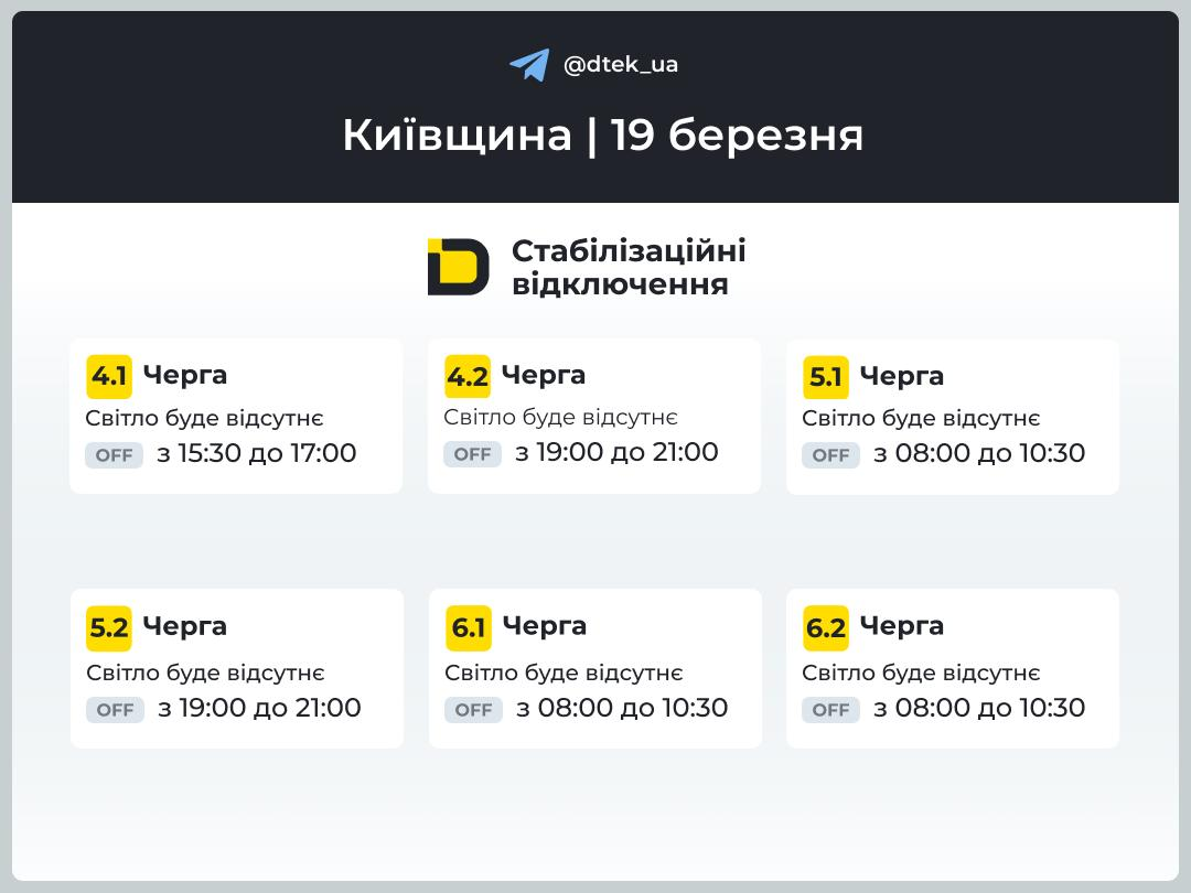 Коли вимикатимуть світло на Київщині: графік ДТЕК на 19 березня 2026 року