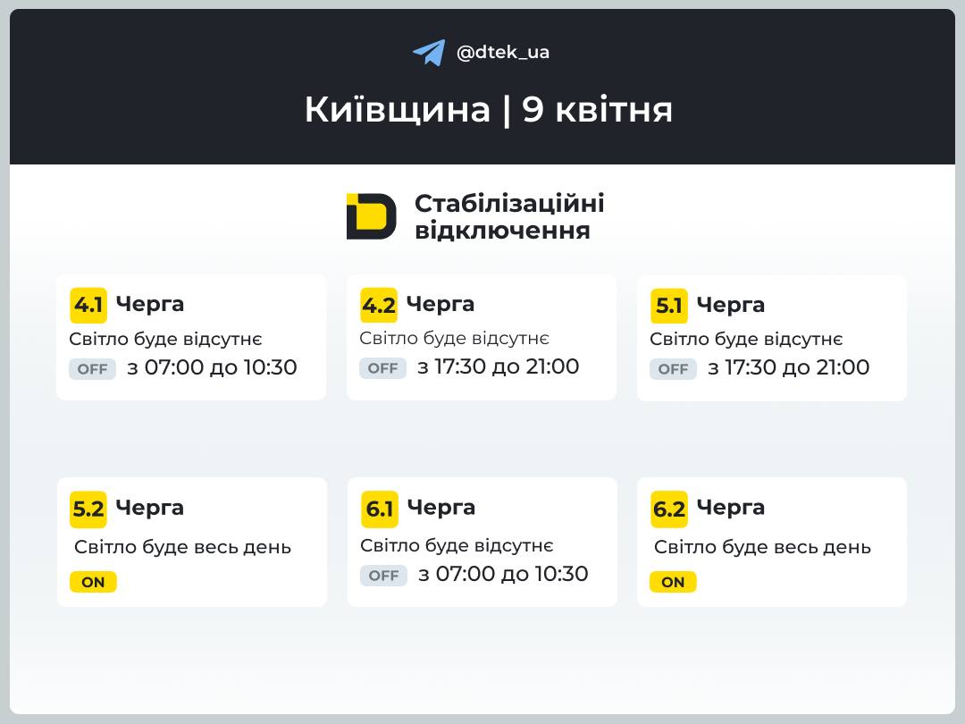 На Київщині 9 квітня вимикатимуть світло