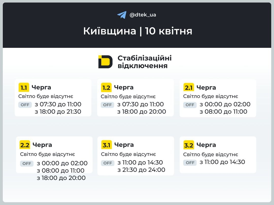 Графік відключень на Київщині 10 квітня 2026 року: ДТЕК Як вимикатимуть світло на Київщині 10 квітня 2026 року: графіки ДТЕК