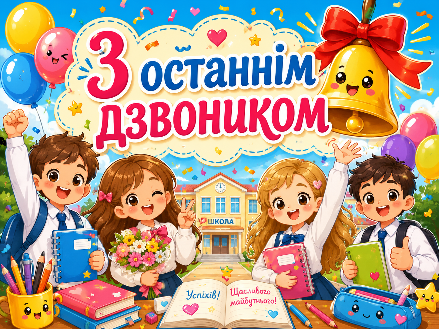 Привітання з останнім дзвоником у яскравих листівках Привітання з останнім дзвоником у яскравих листівках