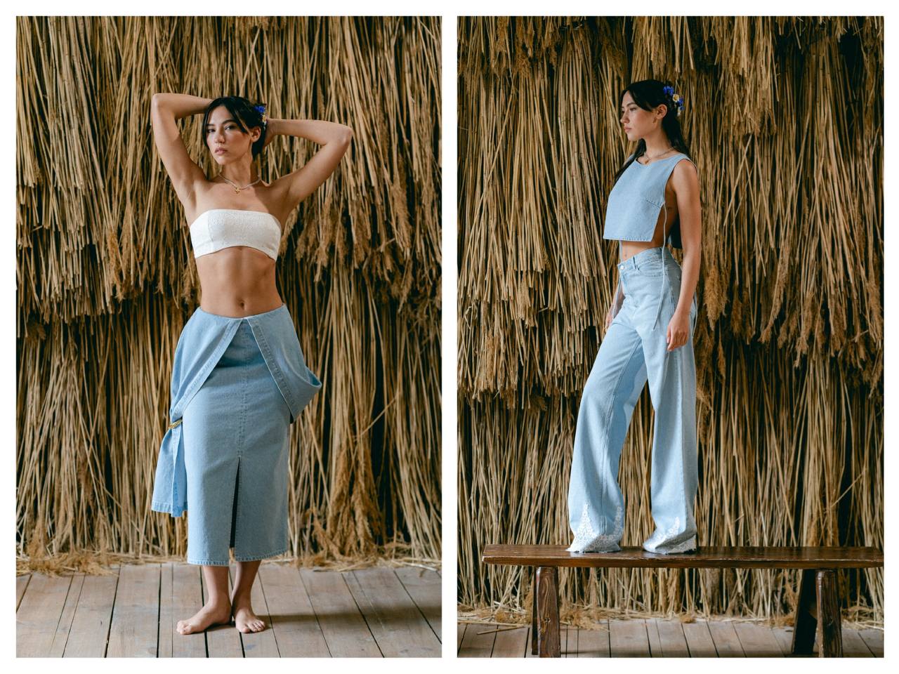 Топ-бандо, джинсова плахта, джинсова корсетка та джинси з мереживом Match Denim