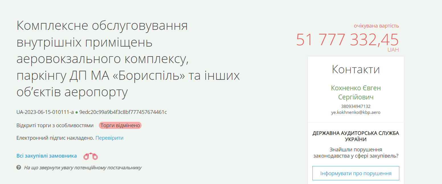 Аеропорт Бориспіль скасував тендер на прибирання за 52 млн грн: причина