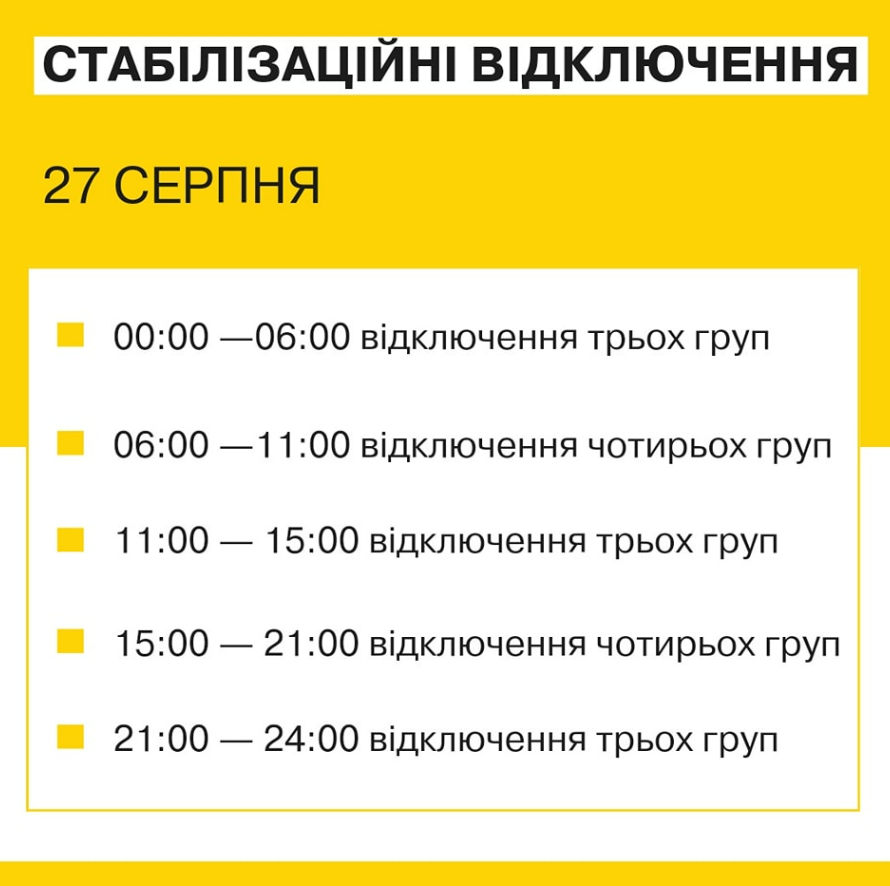 Стабілізаційні відключення у Києві 27 серпня: коли вимикатимуть світло