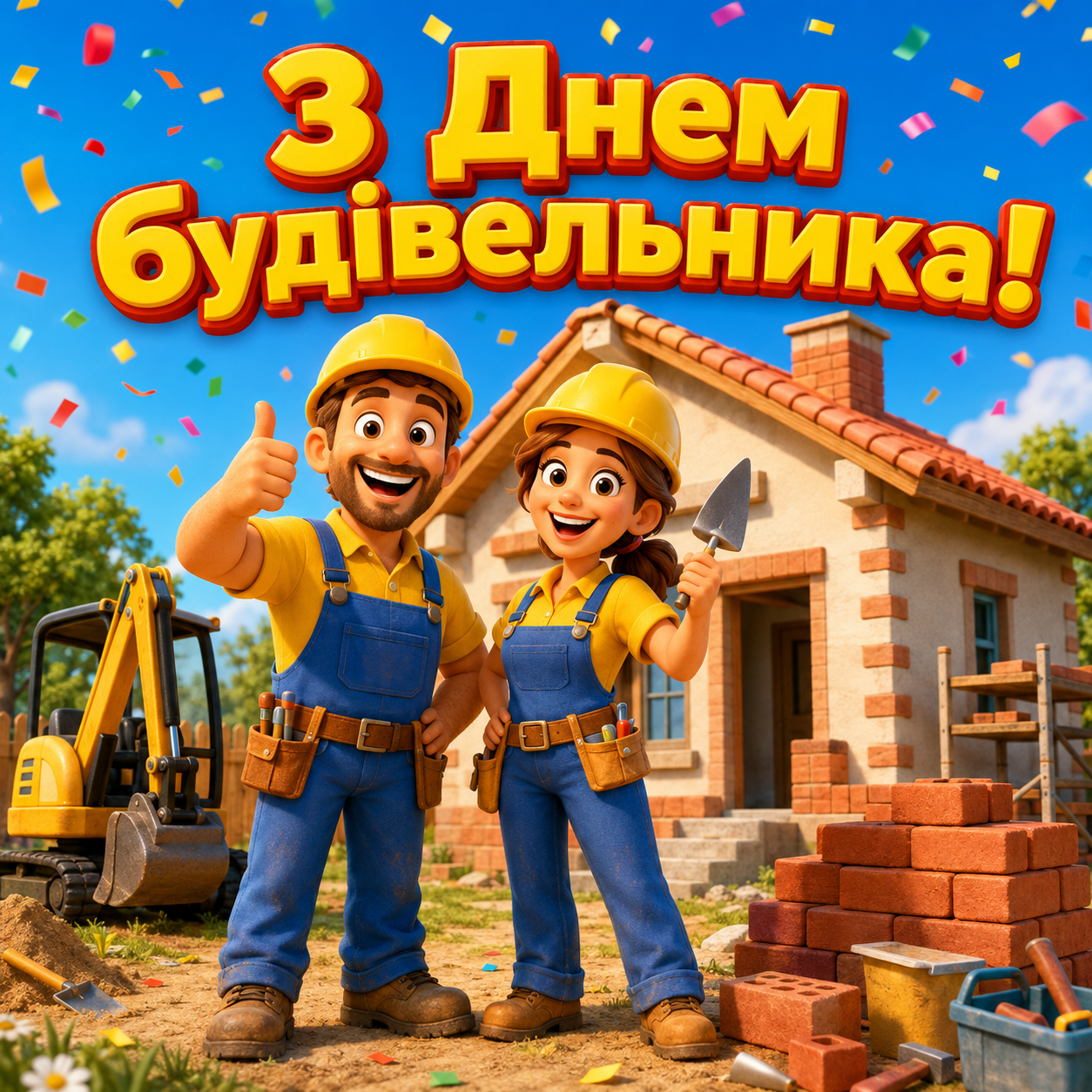 Привітання з Днем будівельника у яскравих листівках