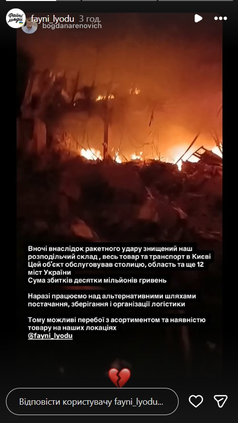 Вночі росіяни знищили склади "Фори" та виробництва морозива "Файні Льоди"