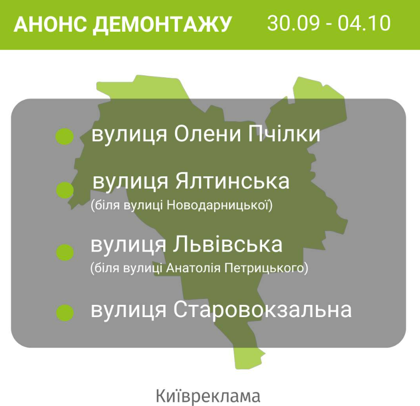 У Києві, з 30 вересня по 4 жовтня, проведуть демонтаж незаконні реклами на чотирьох локаціях: адреси