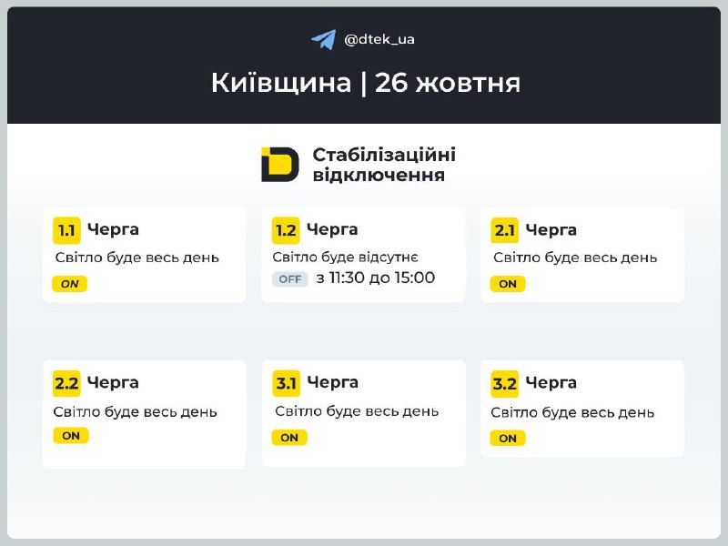 Графік: ДТЕК Графіки стабілізаційних відключень у Києві та області 26 жовтня 2025 року: коли не буде світла