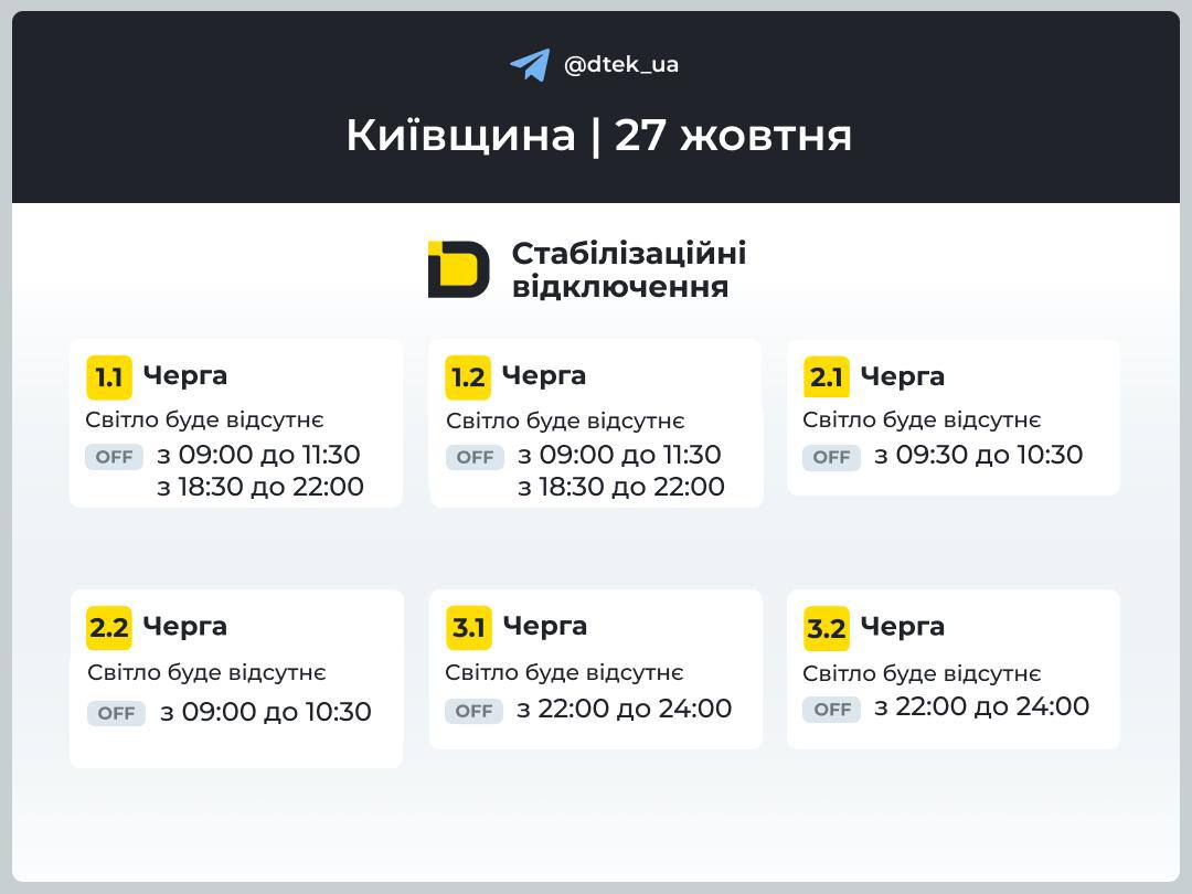 ДТЕК У Києві та Київській області впровадлили графіки стабілізаційних відключень