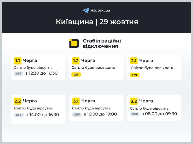ДТЕК 29 жовтня 2025 року в Києві та області діятимуть графіки стабілізаційних відключень