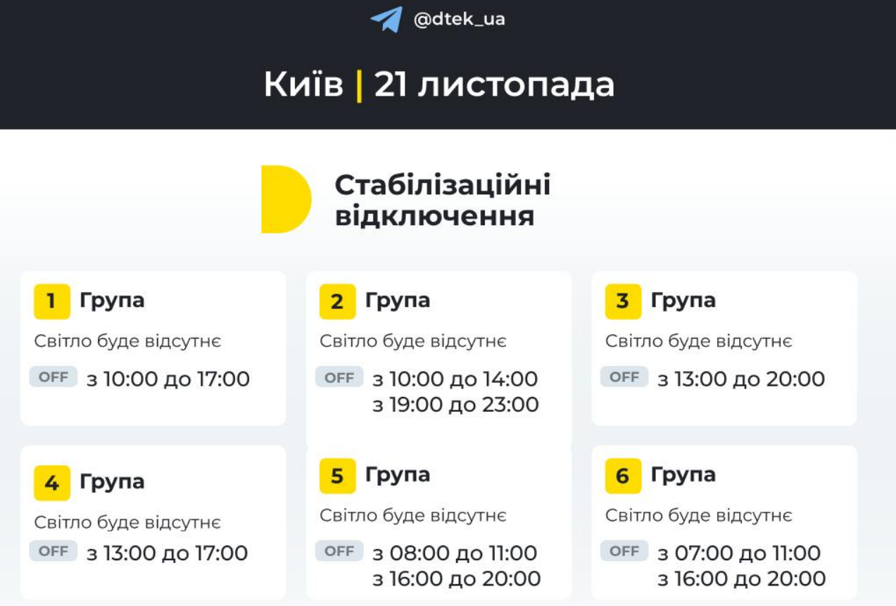 Графік відключення світла 21 листопада 2024 року у Києві