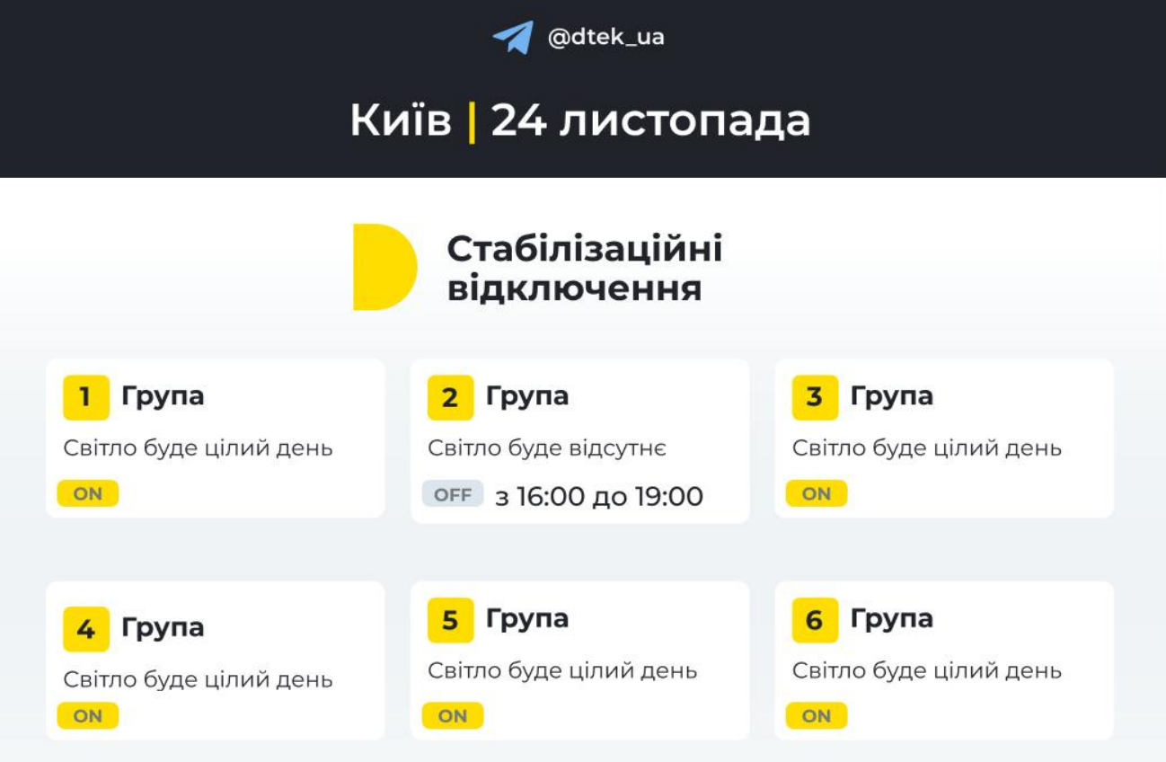 Графік відключення світла 24 листопада 2024 року у Києві та області