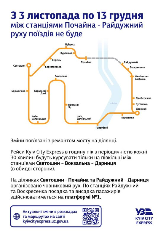 Ремонт на маршруті Київської кільцевої електрички: де не буде руху поїздів