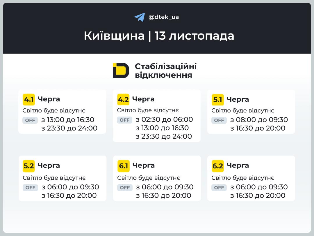 Відключення світла у Києві та області 13 листопада