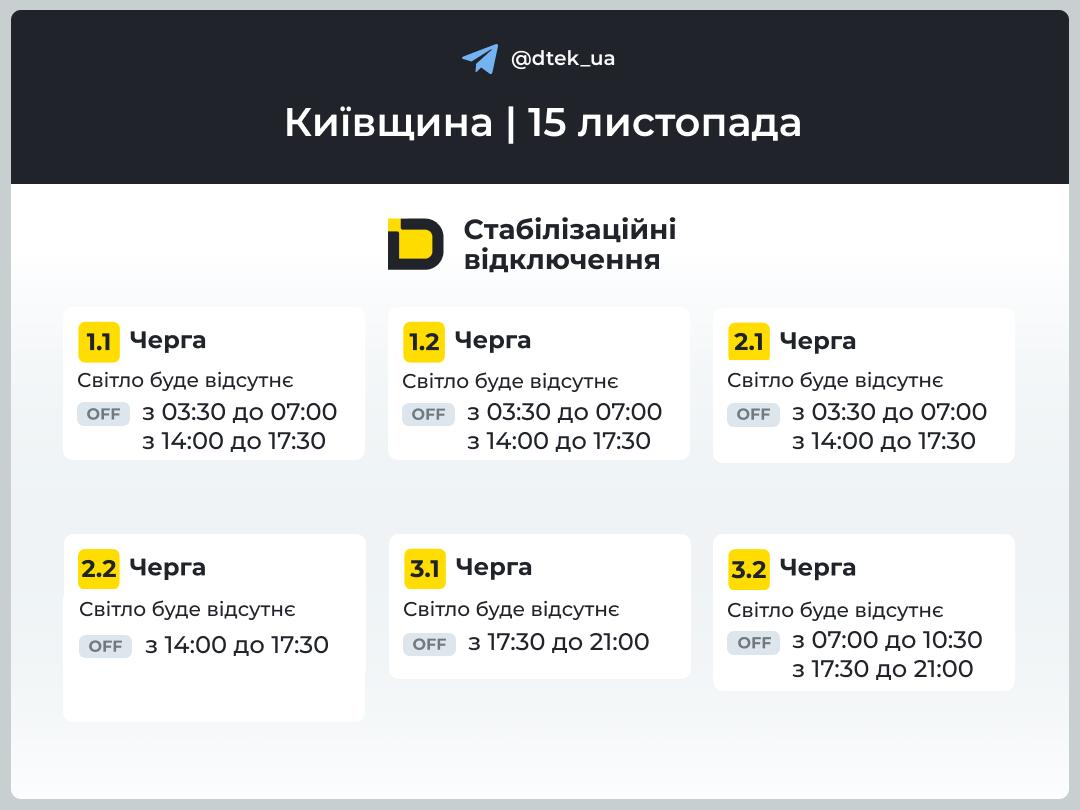 ДТЕК 15 листопада 2025 року в Києві діють графіки стабілізаційних відключень: подробиці