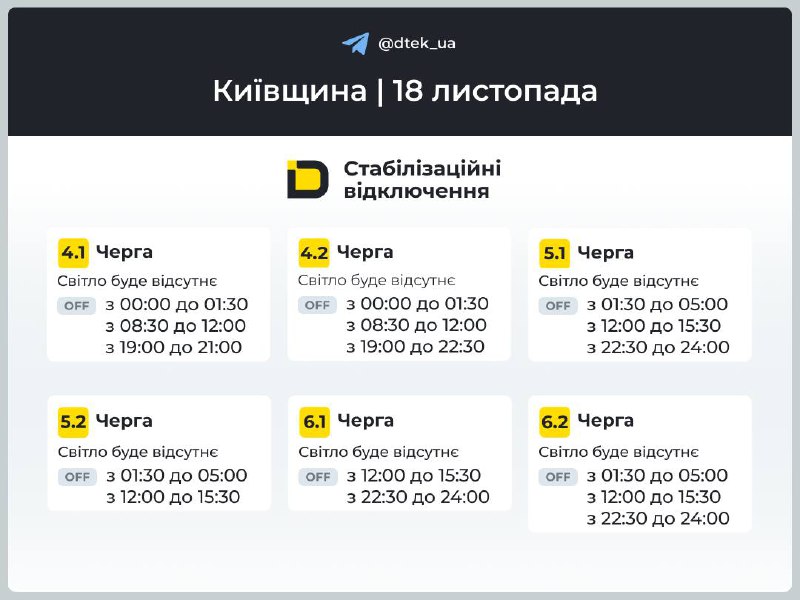 Як вимикатимуть світло у Києві та області 18 листопада 2025 року: графіки ДТЕК