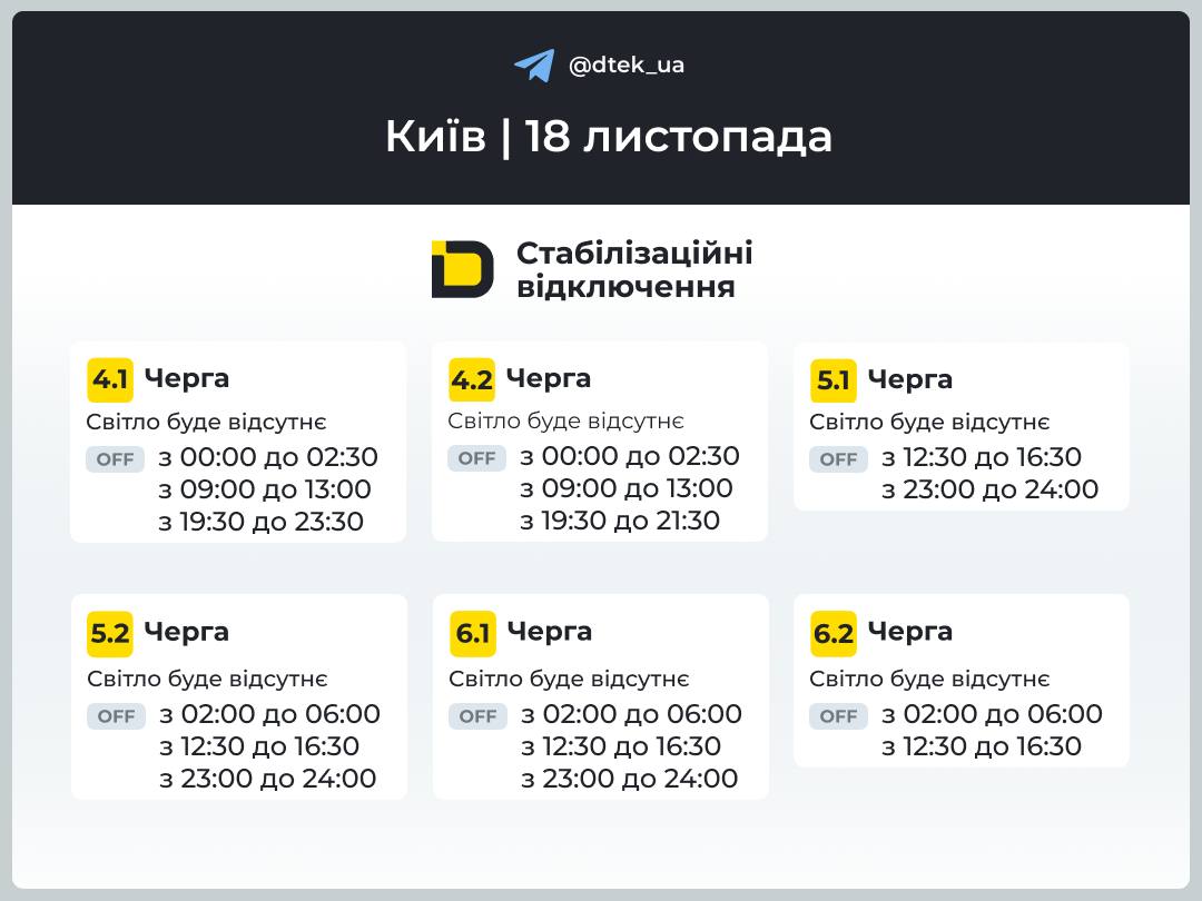 ДТЕК Як вимикатимуть світло у Києві та області 18 листопада 2025 року: графіки ДТЕК