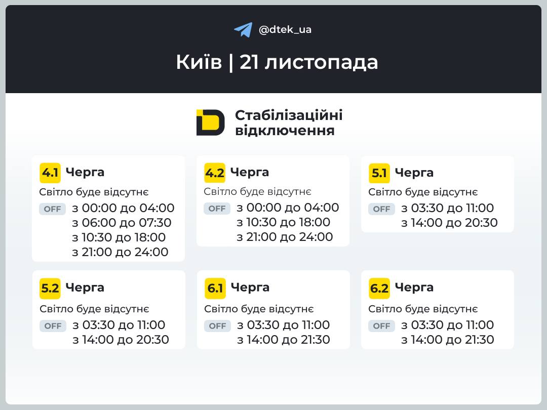 Графіки відключень у Києві на 21 листопада