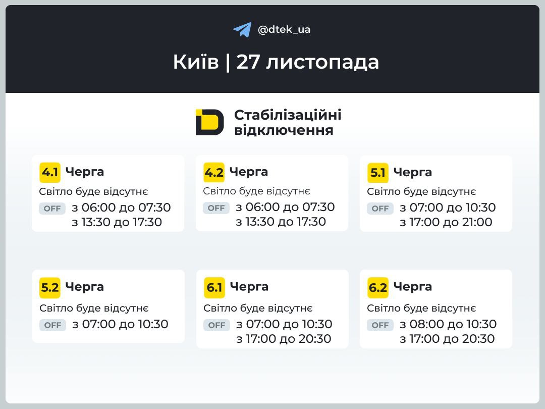 Коли вимикатимуть світло у Києві 27 листопада 2025 року: графіки ДТЕК