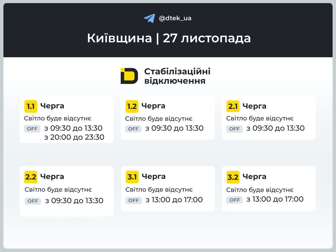 Коли вимикатимуть світло у Києві 27 листопада 2025 року: графіки ДТЕК