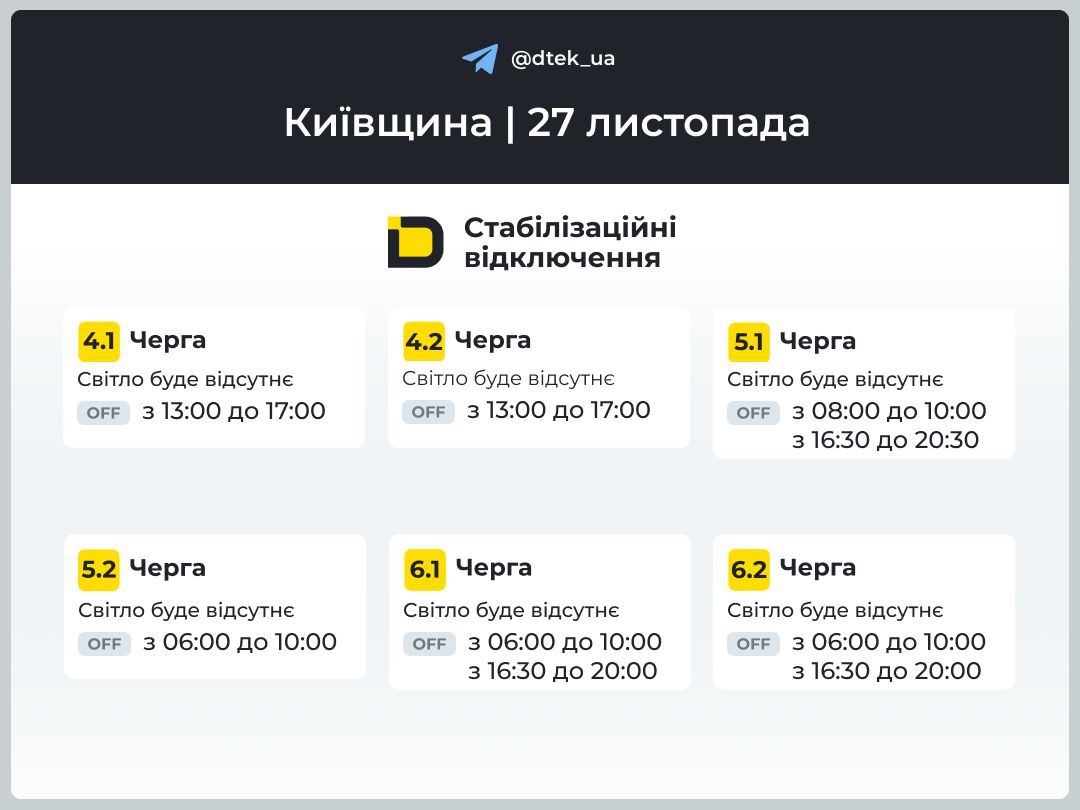 Коли вимикатимуть світло у Києві 27 листопада 2025 року: графіки ДТЕК