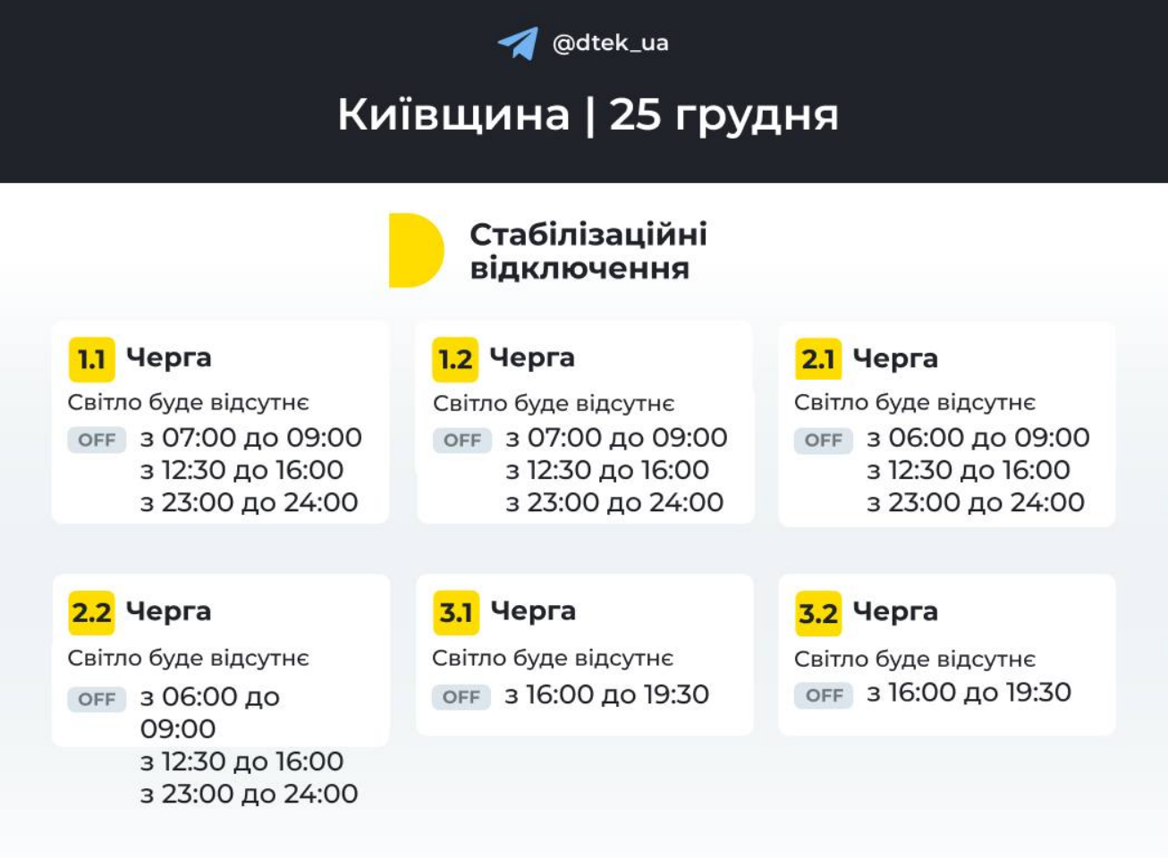 Стабілізаційні відключення у Києві 25 грудня: коли не буде світла