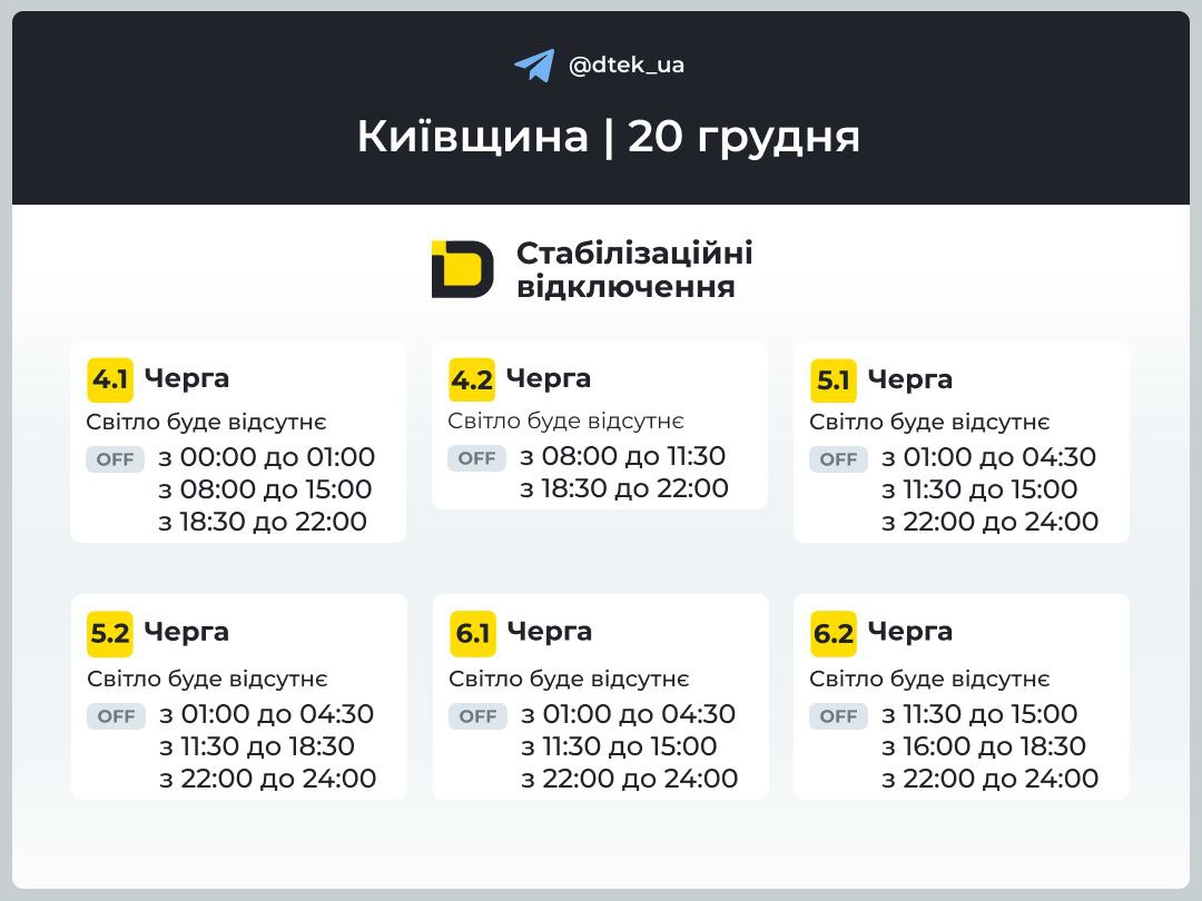 Як вимикатимуть світло в області 20 грудня Як вимикатимуть світло в області 20 грудня