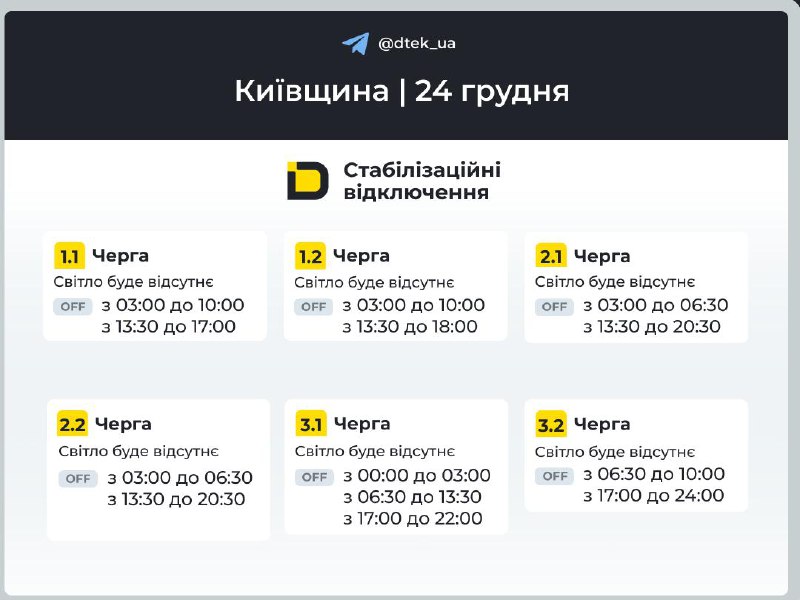 Стабілізаційні відключення у Києві 24 грудня 2025 року: коли вимикатимуть світло
